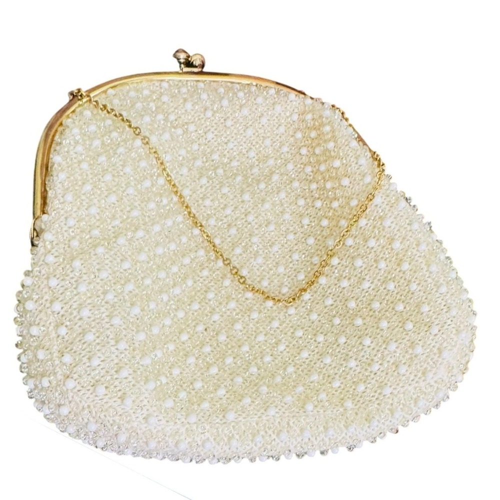 VTG MCM Cream Beaded Wedding Evening Bag Corde-Bead Lumured USA 50s Gold Chain
